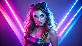 Fun Beautiful young Woman with neon lights background - AI People Free Images