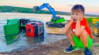Driving over the lake with tractor, Darius rescues trucks from water.  Educational | Kidscoco Club