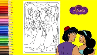 Coloring Disney Prince Ali & Princess Jasmine Shopping at Market Place   Aladdin Coloring Book