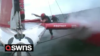 Dramatic moment sailboat crew member goes overboard during Grand Prix race | SWNS