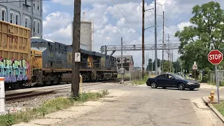 Train Blocks Railway Crossing, Fire Truck Detours, Man Climbs Over Train, Long CSX Train With DPU