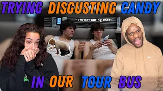 COUPLE REACTS TO Trying DISGUSTING candy in our tour bus !!! | RAE AND JAE