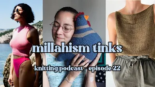 Emotional support chicken™ supporting two test knits and a Mini Mock Neck - knitting podcast ep. 22