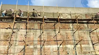 Amazing building construction - External wall plastering | 40 feet height long wall plaster