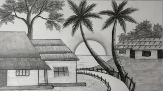 Beautiful Sunset Scenery Drawing with pencil,Easy pencil Drawing for beginners step by step