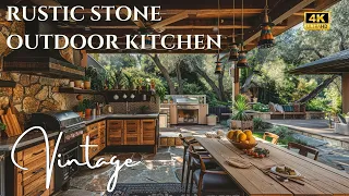 Rustic Outdoor Kitchens with Natural Stone Countertops, Rustic Cabinetry & Cozy Outdoor Dining Area