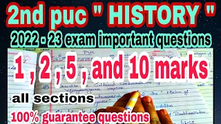 2nd puc history 1,2,5, and 10 marks important questions in english  2023 preparatory and annual exam