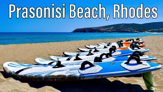 Prasonisi Beach, Rhodes. Watersports: Windsurfing & kiteboarding at Prasonisi Beach in Rhodos 2019.