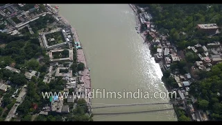 Rishikesh town : Ganges emerges from Himalaya to the plains - aerial view of Lakshman Jhula