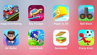 Angry Gran Racing, Sky Escape, Paper.io 3D, Ball Blast, Mr Bullet, Sonic Dash, Sandwich, Crazy Kick