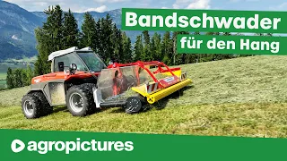 Heuernte in den Bergen mit Pöttinger Mergento Alpin Pickup Front Bandschwader an Metrac und Lintrac