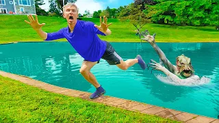 POND MONSTER IS ANGRY!! (Escapes Sharer Fam Water Slide)