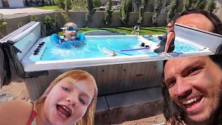 big BACKYARD pool spa hot tub THING!!  Adley & Niko best day ever at our new favorite swimming spot!