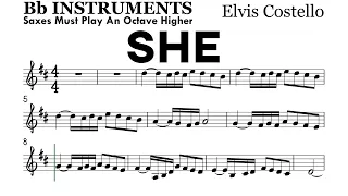 SHE by Elvis Costello Bb Instruments Sheet Music Backing Track Play Along Partitura