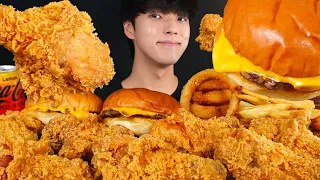 ASMR MUKBANG FRIED CHICKEN & CHEESE BURGER & ONION RIGNS & FRIES EATING SOUNDS