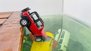 Various Model Cars Moving And falling into Water