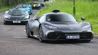 Hypercars arriving to a car meet (F1 x2, ONE77, Regera, Laferrari, P1 x2, AMG ONE, GMA T.50, Senna…)