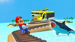 Mario fishing for sharks near train railroad crossing - part 16