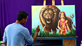 How to paint Maa Durga and big lion | Durga mata drawing and painting