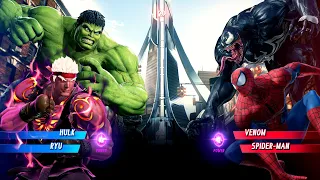Hulk & Evil Ryu vs Venom & Spiderman (Very Hard) Marvel vs Capcom | 4K UHD Gameplay