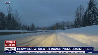 Heavy snowfall, icy road conditions over Snoqualmie Pass | FOX 13 Seattle