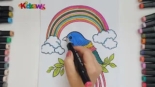 Drawing and Coloring rainbow in the sky with clouds and Rainbow Beauty Bird for Kids Toddlers