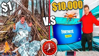 $1 Vs $10,000 FORT - Overnight Survival Challenge In The Woods (24 Hour Challenge)
