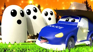 Halloween : Le train fantôme ! Les Camions Constructeurs : grue, tractopelle - Dessin animé voitures