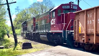 Locomotives Struggling On Hill With Heavy Train!  Listen To The Battle &  Includes Caboose Flashback