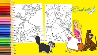 Coloring Pages Cinderella Serving Tea, Fairy God Mother & Lucifer - Disney Coloring Book
