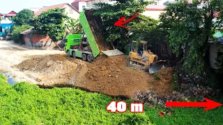 New Showing Action Project Building​​ NEW Road Village by Truck & Dozer Push Soil Into Canal​ Water
