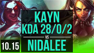 KAYN vs NIDALEE (JUNGLE) | KDA 28/0/2, 4 early solo kills, Legendary | KR Grandmaster | v10.15