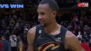 Evan Mobley gets doused by Donovan Mitchell & Caris LeVert in postgame interview after Cavs' win