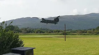 RAF Chinook take off from a field in North Wales