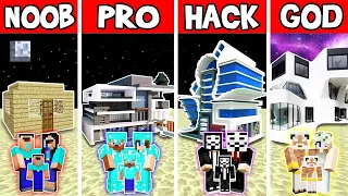 Minecraft : Family Modern Moon House Build Challenge - NOOB vs PRO vs HACKER vs GOD in Minecraft