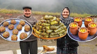 Cooking Traditional Meatball Dish, Stuffed Grape Leaves and Lamb Leg in the Village!