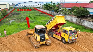 New project!! wonderful skills operator bulldozer push soil to filling and dump truck unloading soil