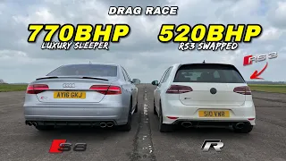 SLEEPER v HOT HATCH.. 770HP AUDI S8 v 520HP RS3 SWAPPED GOLF R