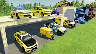TRANSPORTING POLICE CARS, AMBULANCE, FIRE TRUCK, CARS OF COLORS! WITH TRUCKS! - FARMING SIMULATOR 22