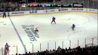 Artem Anisimov trip on Jason Spezza. Ottawa Senators vs NY Rangers. 4/14/12 NHL Hockey