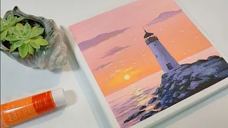 Sunset Seascape /Lighthouse /Simple Acrylic Painting #3