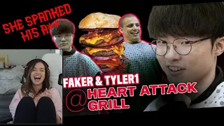 POKIMANE REACTS TO : T1 Faker and Tyler1 Visit the Heart Attack Grill ( SHE SPANKED TYLER'S BUTT )