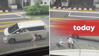 Driver flings woman onto ground after she kicks his vehicle