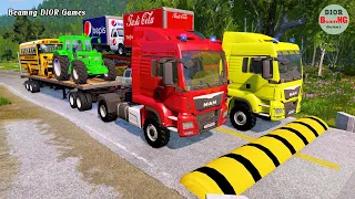 Double Flatbed Trailer Truck cars vs rails tractor vs train cars vs bollards Beamng Drive 371