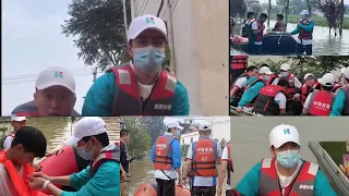 Wang Yibo in the first front line rescuing people in the flooding in Xinxiang, Henan 🙏🏻😭💚