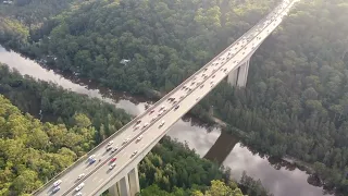 Drone Shot Mooney River Bridge M1 Freeway Bushland Hawkesbury River Central Coast Sydney Australia