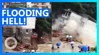 Floodwaters Take Down Three-Story Building in China