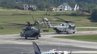 Three USMC CH-53E Super Stallions of HMHT-302 Squadron Takeoff. Includes HH-60M Black Hawk departure