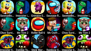 My Talking Tom 2,Grimace Survival Master,Garten Of Rainbow,SpongeBob Krusty,Imposter In Garten 100