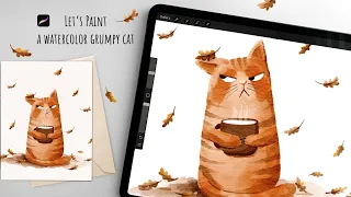 Let's paint a Grumpy Cat. 🍂 Procreate Watercolor Tutorial. Free sketch.